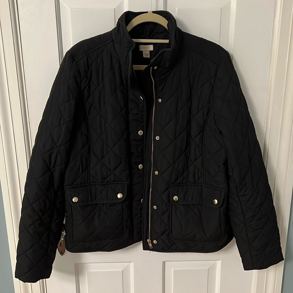 J.Crew Factory Black Quilted Women’s Utility Jacket with gold zipper and snaps
